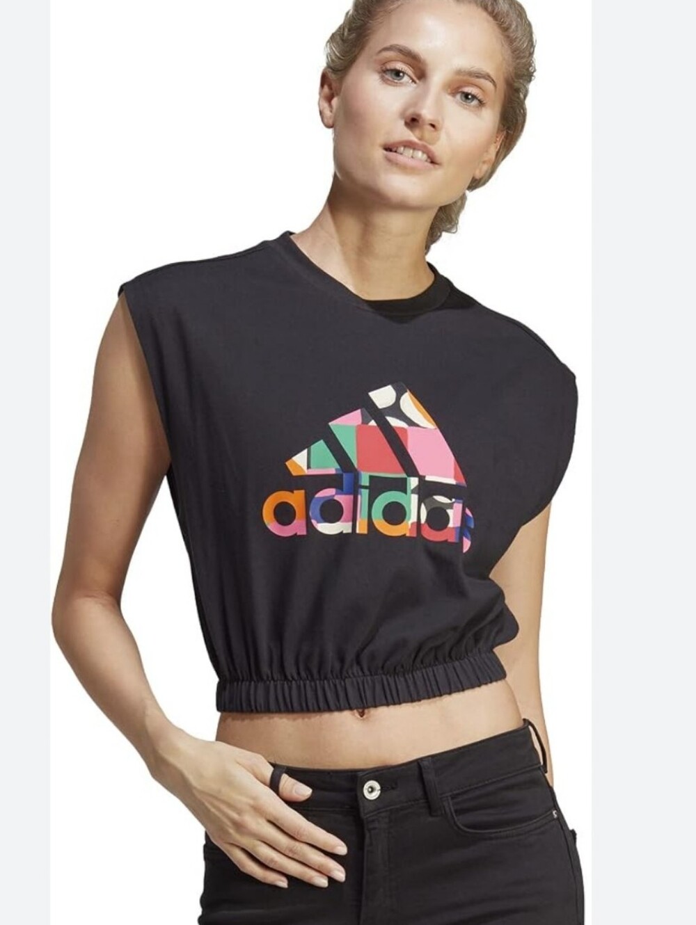 ADIDAS X FARM RIO BLACK CROP MULTI COLORED GRAPHIC LOGO TOP PRETA SIZE MEDIUM